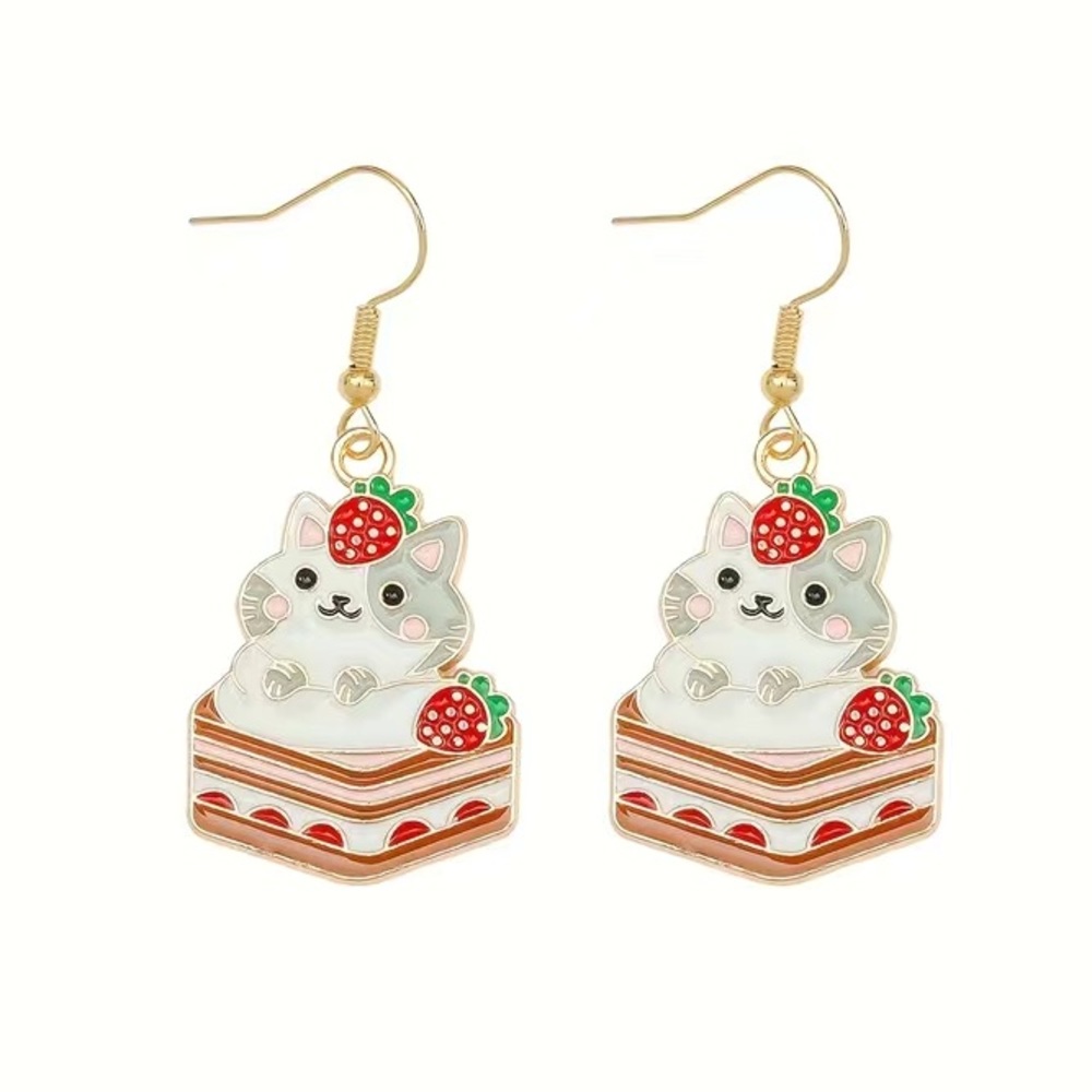 Strawberry Shortcake Enamel Cat Earrings
